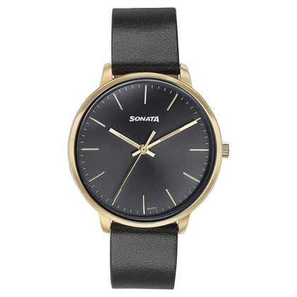 Sonata Quartz Analog Black Dial Black Leather Strap Watch For Women 87069YL01