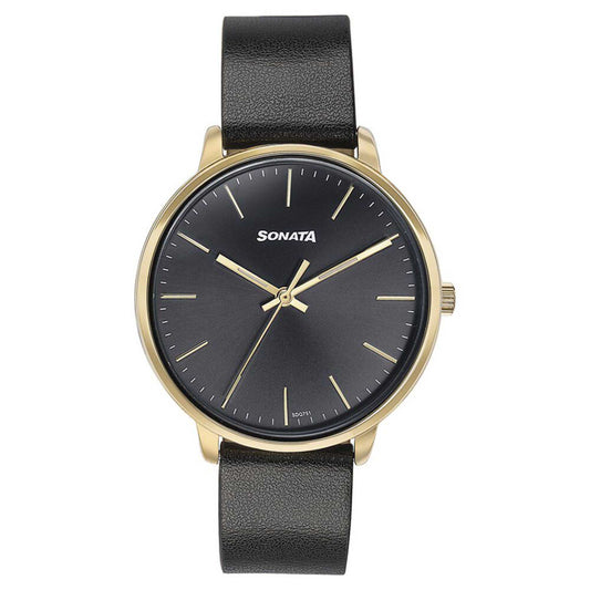 Sonata Quartz Analog Black Dial Black Leather Strap Watch For Women 87069YL01