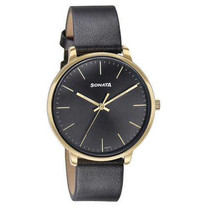 Sonata Quartz Analog Black Dial Black Leather Strap Watch For Women 87069YL01