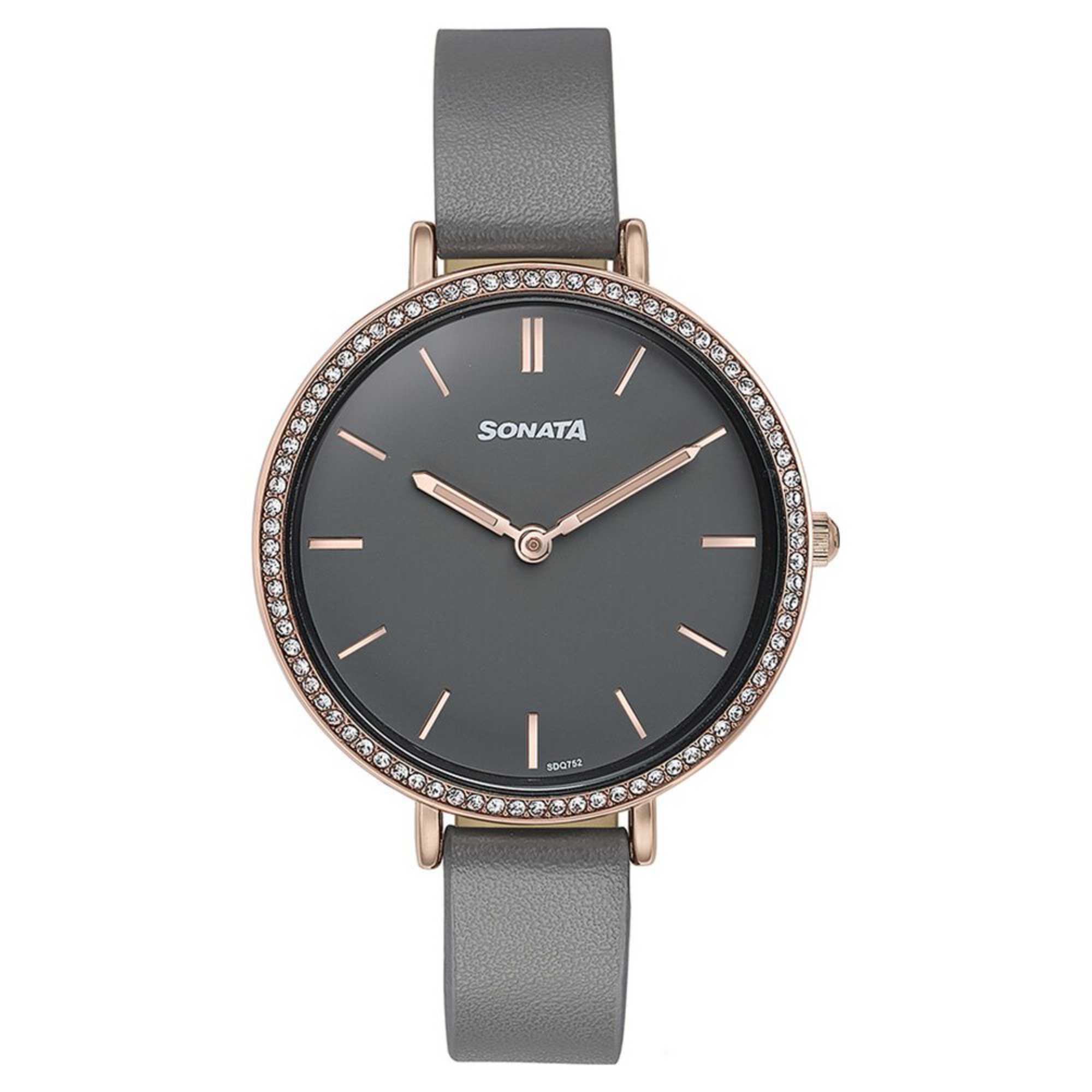 Sonata Quartz Analog Grey Dial Grey Leather Strap Watch For Women
