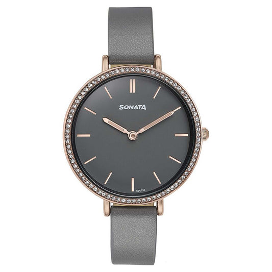 Sonata Quartz Analog Grey Dial Grey Leather Strap Watch For Women