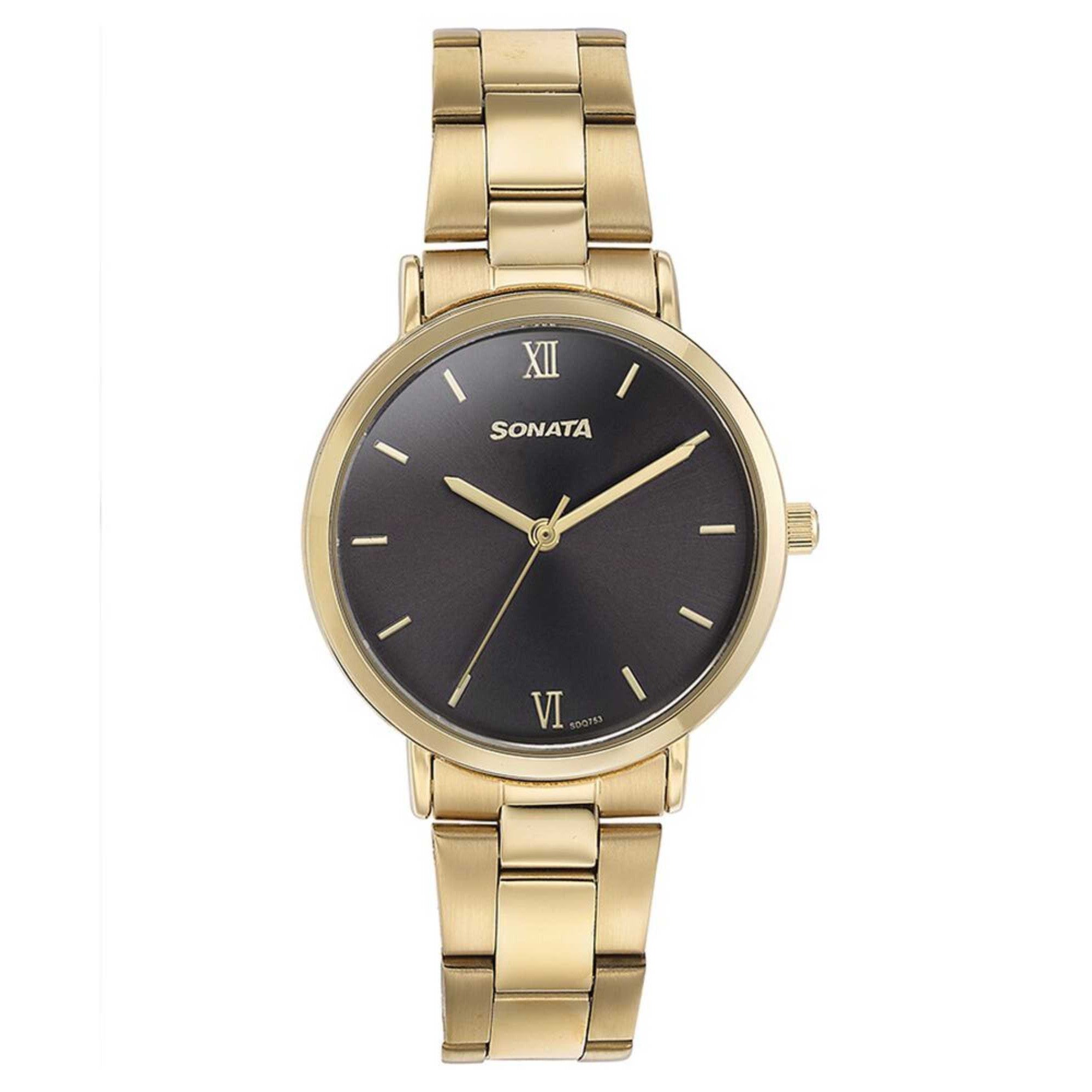 Sonata Quartz Analog Black Dial Golden Stainless Steel Strap Watch For Women