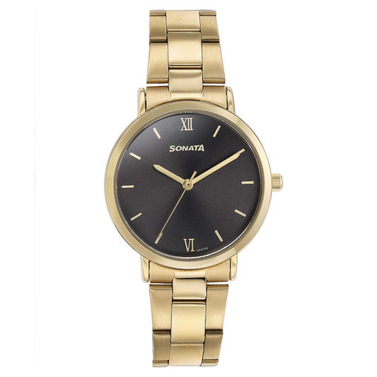 Sonata Quartz Analog Black Dial Golden Stainless Steel Strap Watch For Women