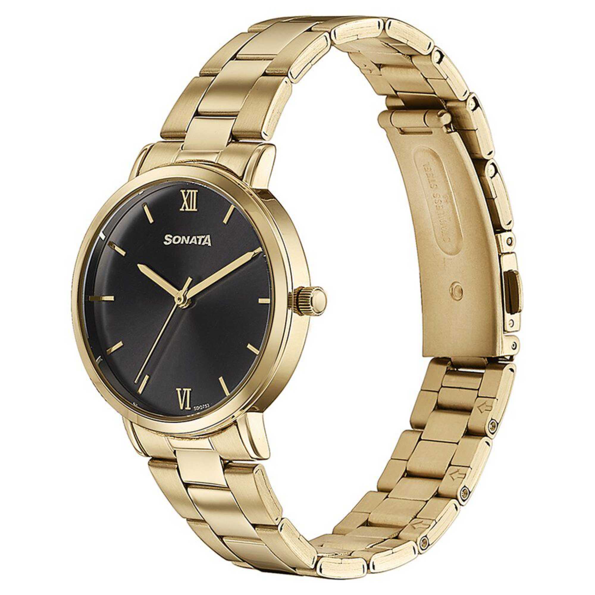 Sonata Quartz Analog Black Dial Golden Stainless Steel Strap Watch For Women
