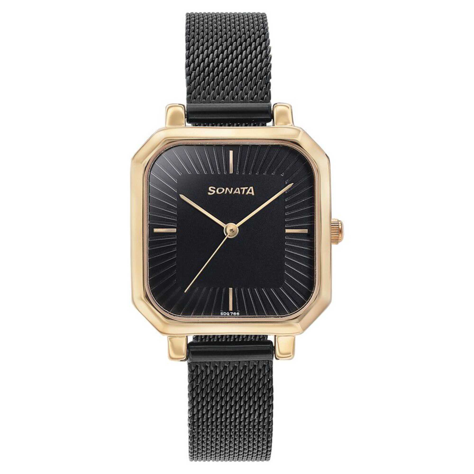 Sonata Modern Edit Quartz Analog Black Dial Black Stainless Steel Strap Watch For Women