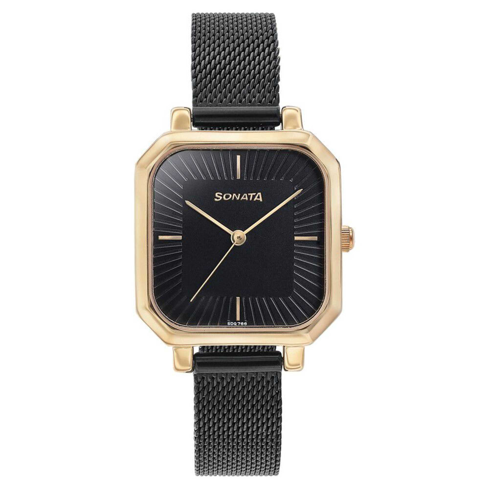 Sonata Modern Edit Quartz Analog Black Dial Black Stainless Steel Strap Watch For Women