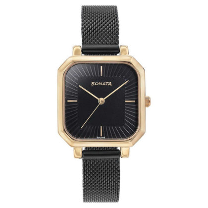 Sonata Modern Edit Quartz Analog Black Dial Black Stainless Steel Strap Watch For Women