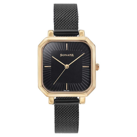 Sonata Modern Edit Quartz Analog Black Dial Black Stainless Steel Strap Watch For Women