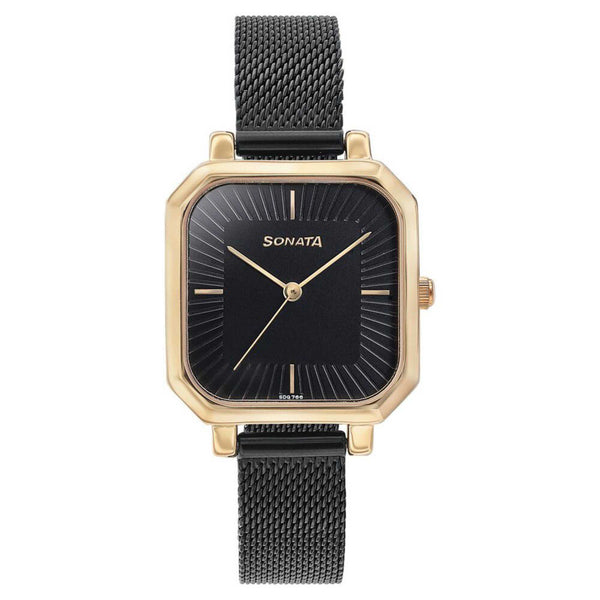 Sonata Modern Edit Quartz Analog Black Dial Black Stainless Steel Strap Watch For Women