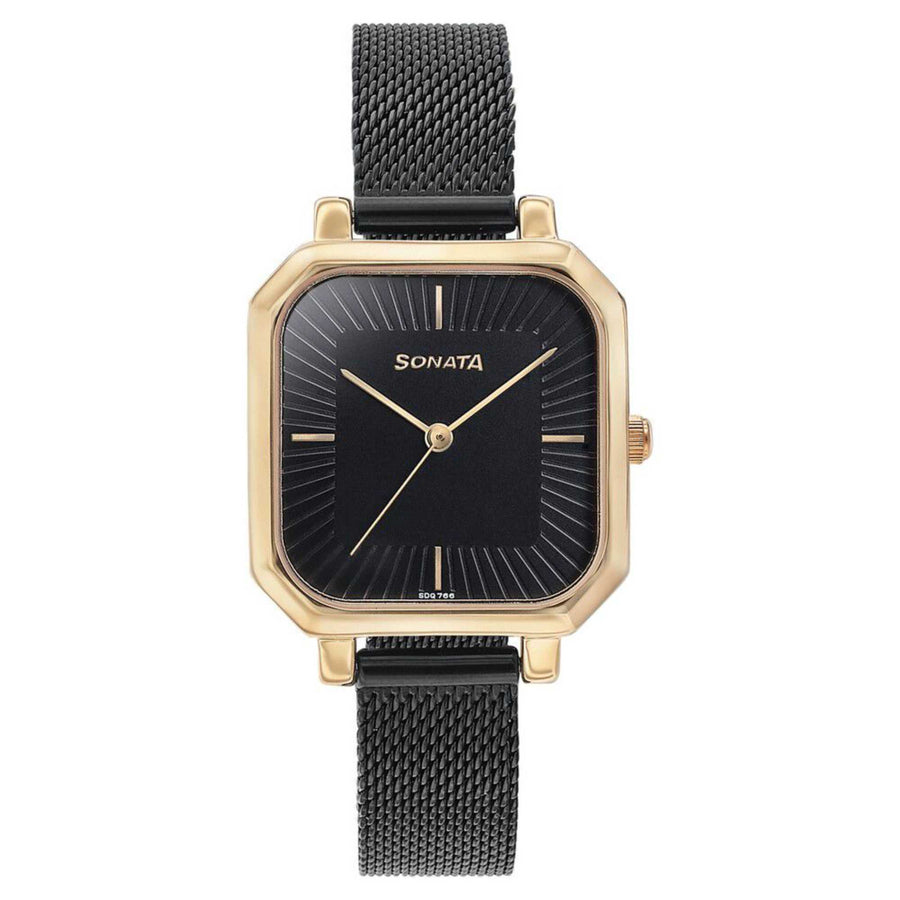 Sonata Modern Edit Quartz Analog Black Dial Black Stainless Steel Strap Watch For Women
