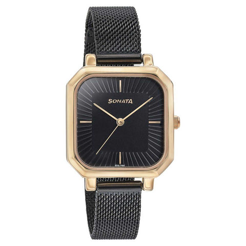 Sonata Modern Edit Quartz Analog Black Dial Black Stainless Steel Strap Watch For Women