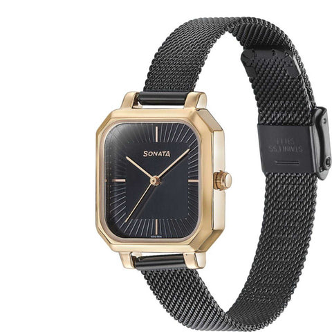 Sonata Modern Edit Quartz Analog Black Dial Black Stainless Steel Strap Watch For Women