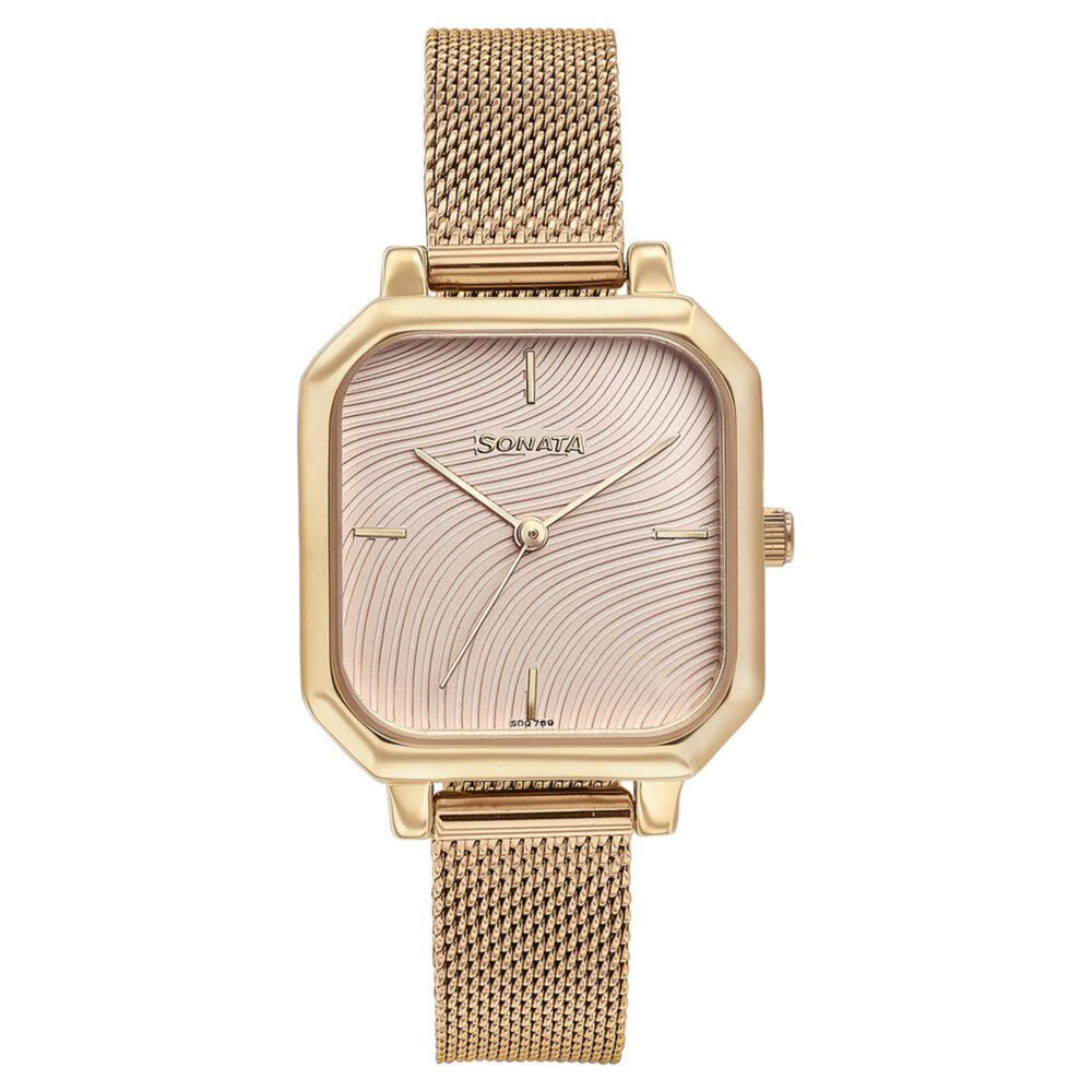 Sonata Modern Edit Quartz Analog Pink Dial Rose Gold Stainless Steel Strap Watch For Women