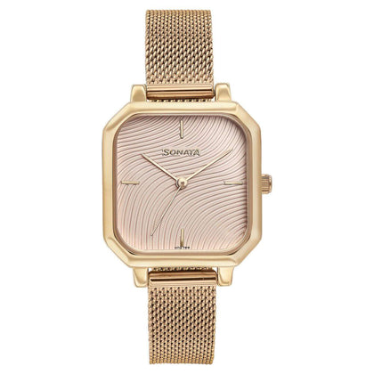 Sonata Modern Edit Quartz Analog Pink Dial Rose Gold Stainless Steel Strap Watch For Women
