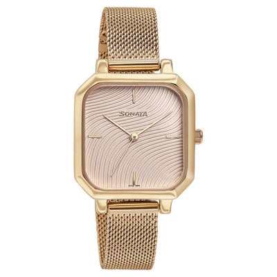 Sonata Modern Edit Quartz Analog Pink Dial Rose Gold Stainless Steel Strap Watch For Women