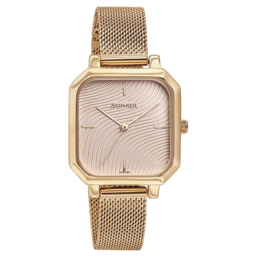 Sonata Modern Edit Quartz Analog Pink Dial Rose Gold Stainless Steel Strap Watch For Women