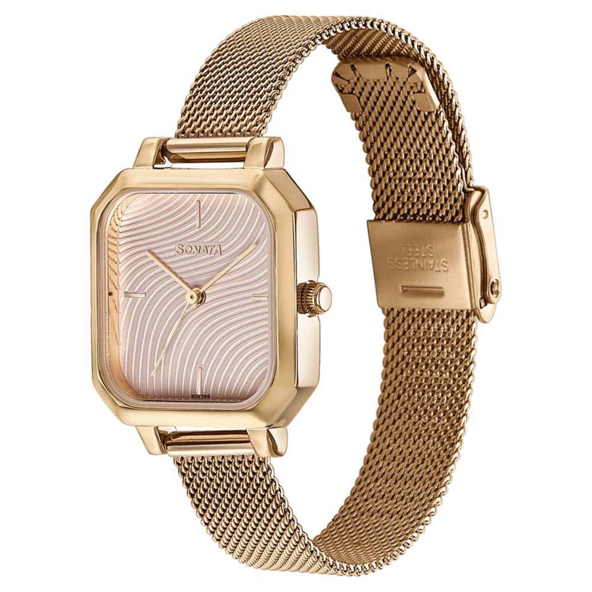 Sonata Modern Edit Quartz Analog Pink Dial Rose Gold Stainless Steel Strap Watch For Women