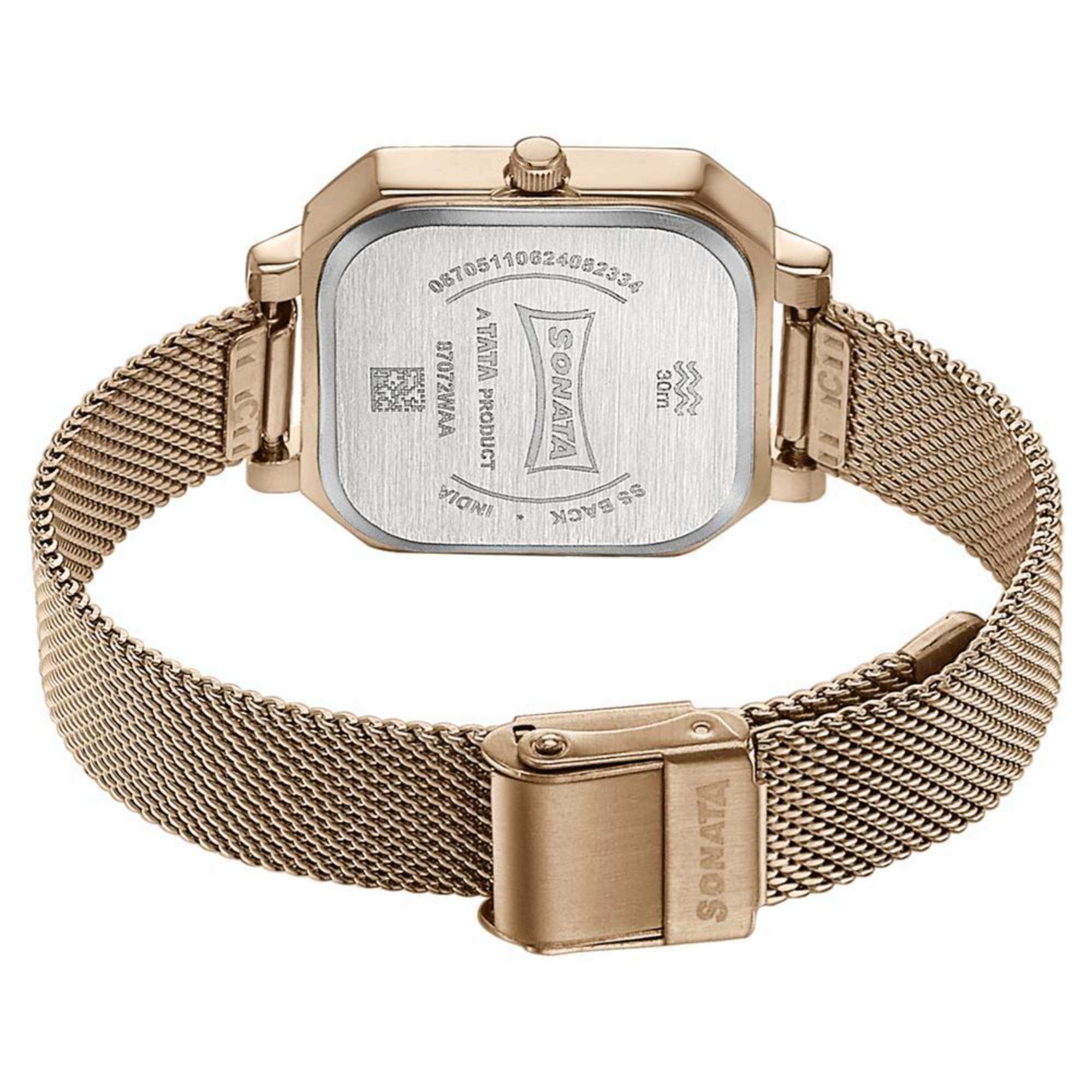 Sonata Modern Edit Quartz Analog Pink Dial Rose Gold Stainless Steel Strap Watch For Women