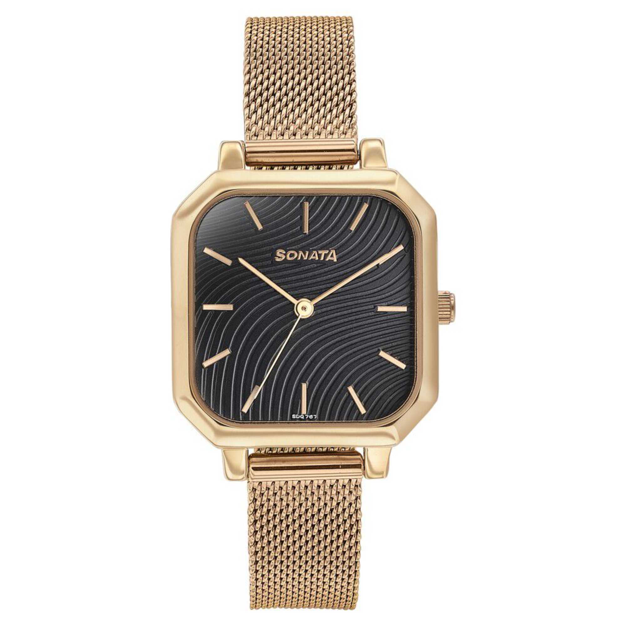 Sonata Modern Edit Quartz Analog Black Dial Rose Gold Stainless Steel Strap Watch For Women