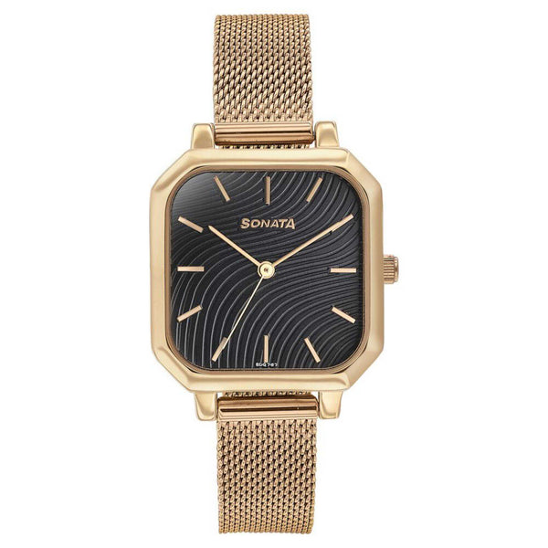 Sonata Modern Edit Quartz Analog Black Dial Rose Gold Stainless Steel Strap Watch For Women