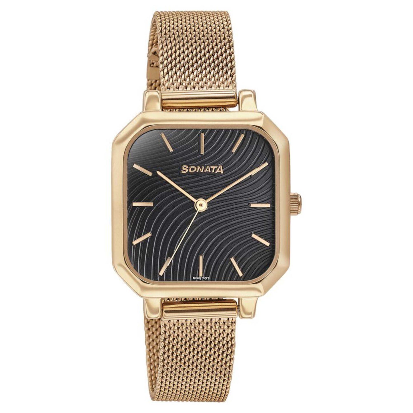 Sonata Modern Edit Quartz Analog Black Dial Rose Gold Stainless Steel Strap Watch For Women