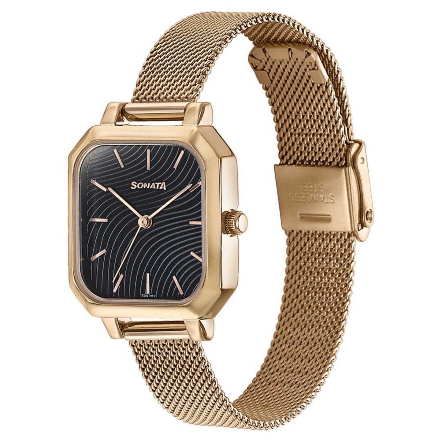 Sonata Modern Edit Quartz Analog Black Dial Rose Gold Stainless Steel Strap Watch For Women