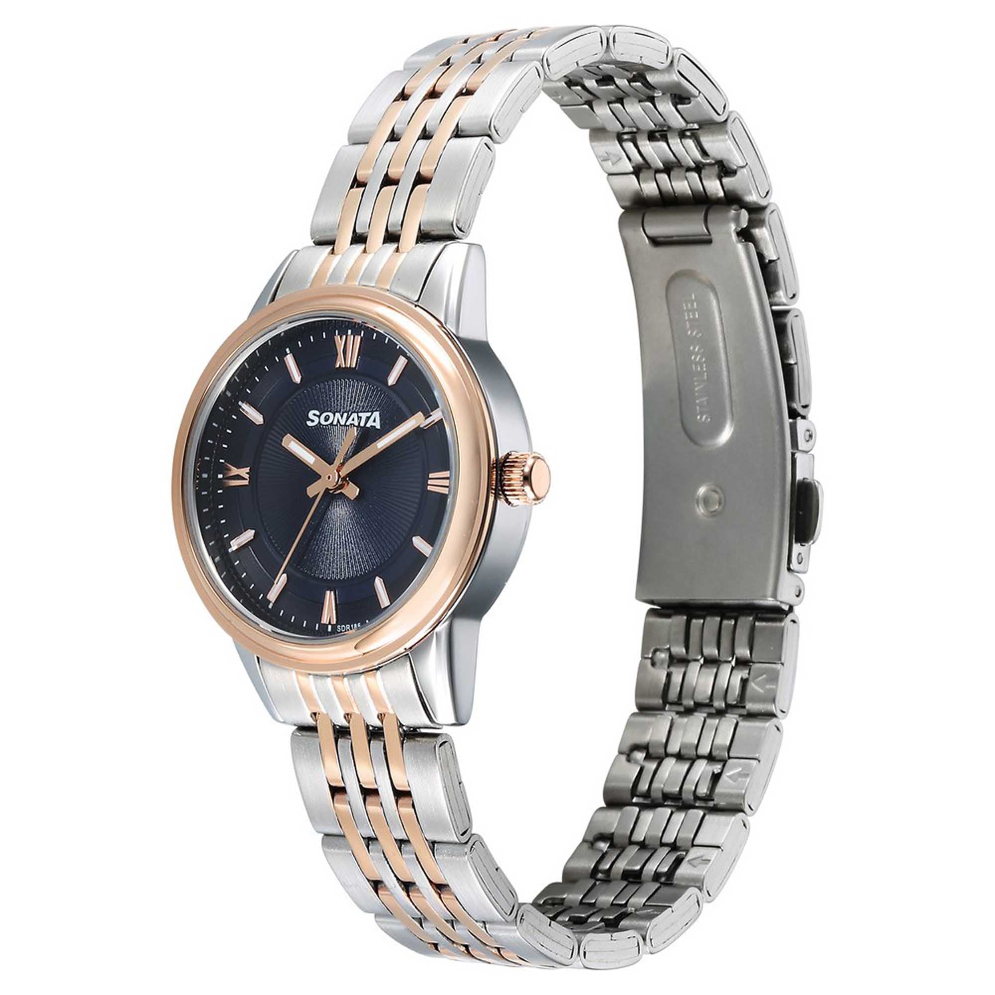 Sonata Fashion Analog Blue Dial Dual Tone Stainless Steel Strap Watch For Women