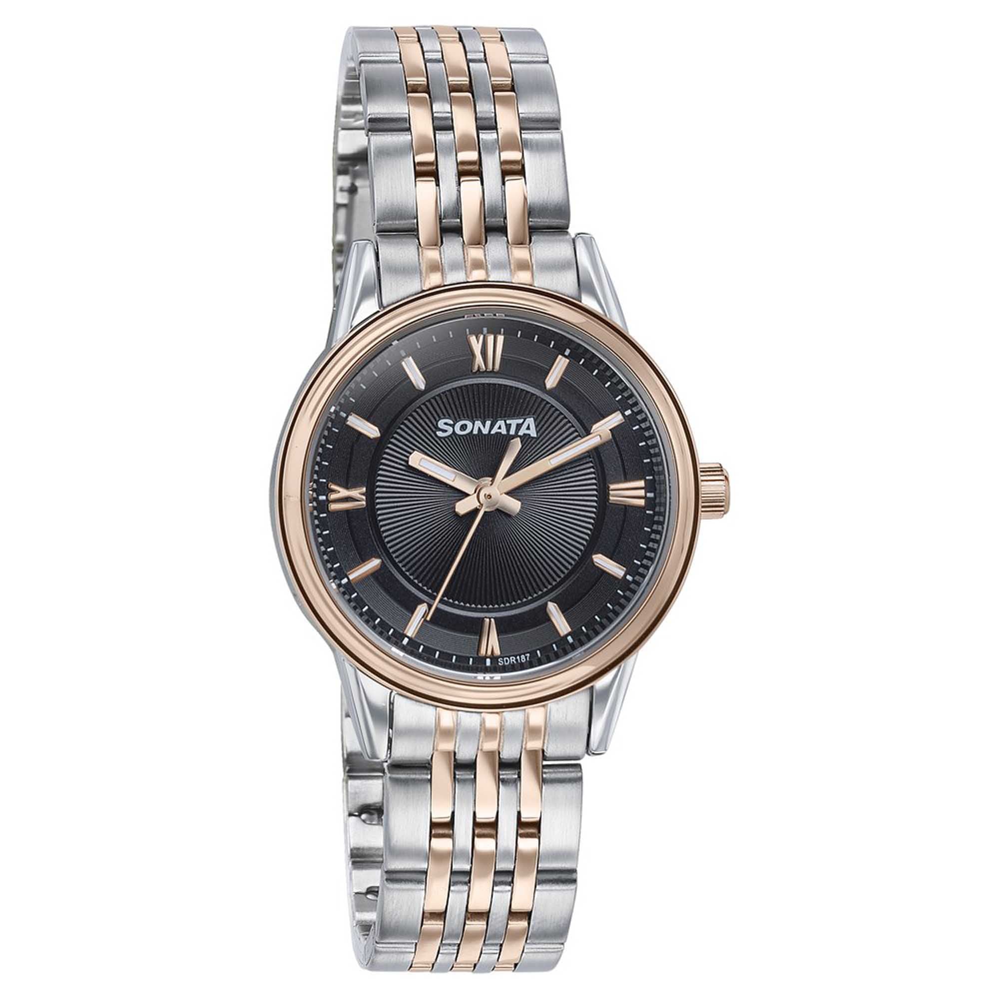 Sonata Fashion Analog Black Dial Dual Tone Stainless Steel Strap Watch For Women
