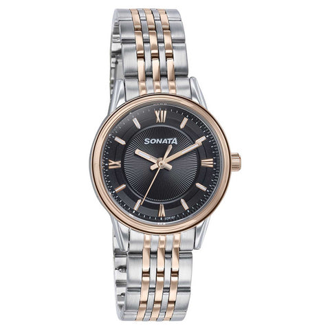 Sonata Fashion Analog Black Dial Dual Tone Stainless Steel Strap Watch For Women