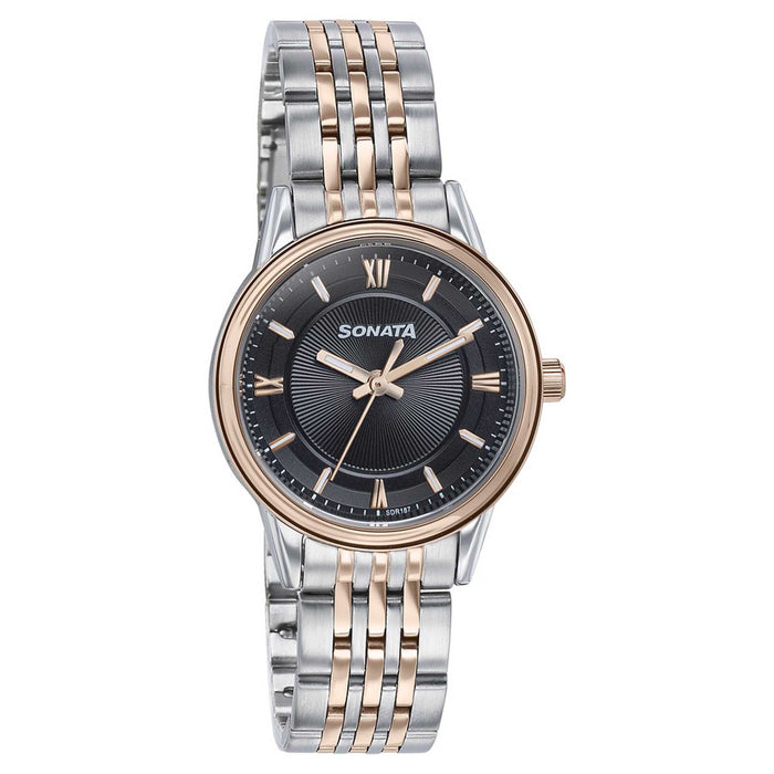 Sonata Fashion Analog Black Dial Dual Tone Stainless Steel Strap Watch For Women