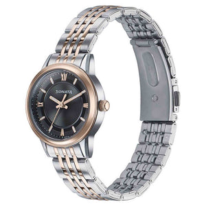 Sonata Fashion Analog Black Dial Dual Tone Stainless Steel Strap Watch For Women
