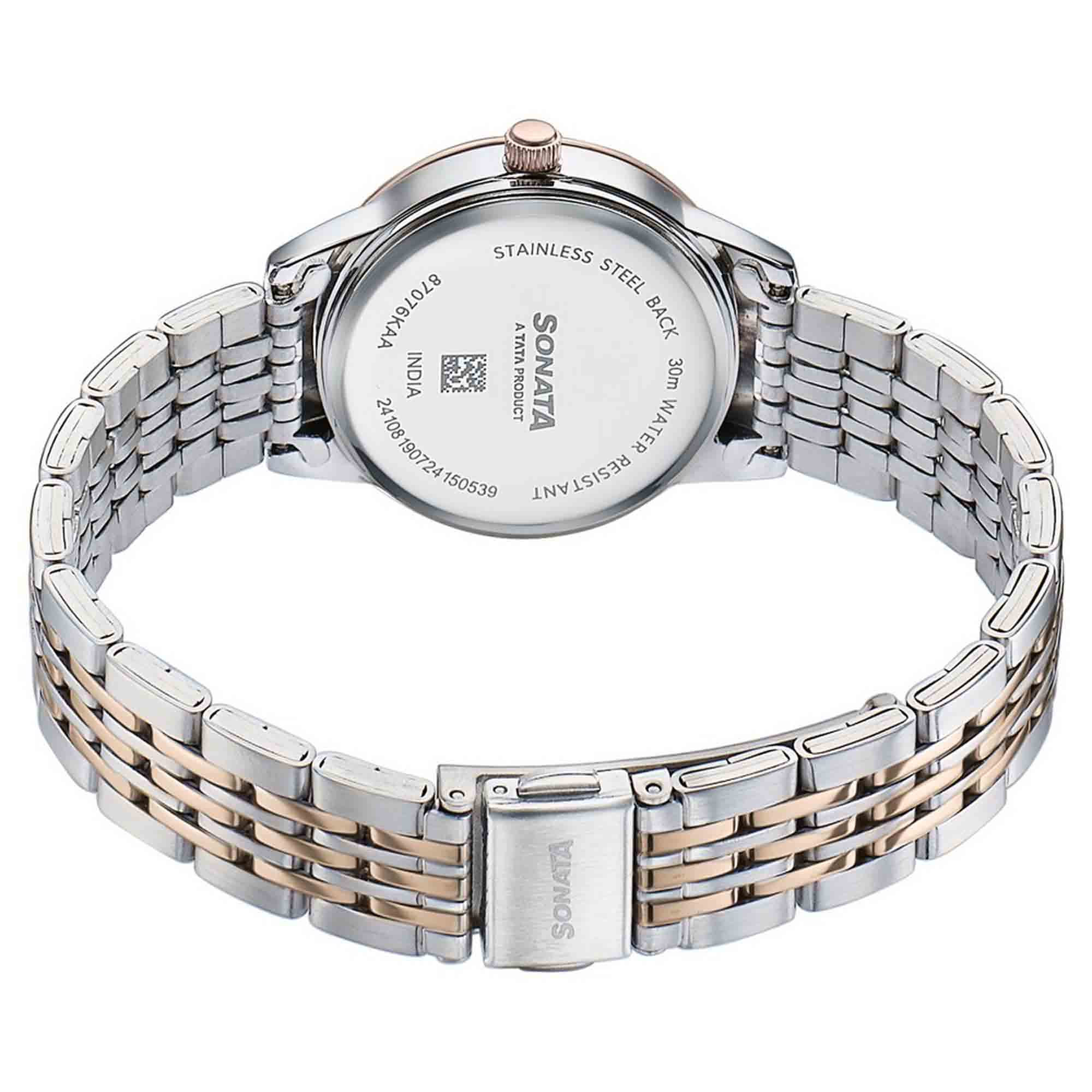 Sonata Fashion Analog Black Dial Dual Tone Stainless Steel Strap Watch For Women