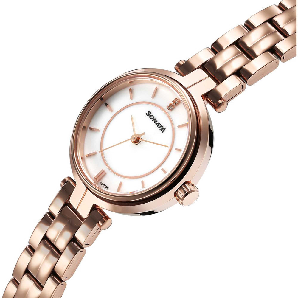 Sonata Fashion Off-White Dial Rose Gold Metal Strap Analog Watch for Women