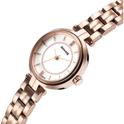 Sonata Fashion Off-White Dial Rose Gold Metal Strap Analog Watch for Women