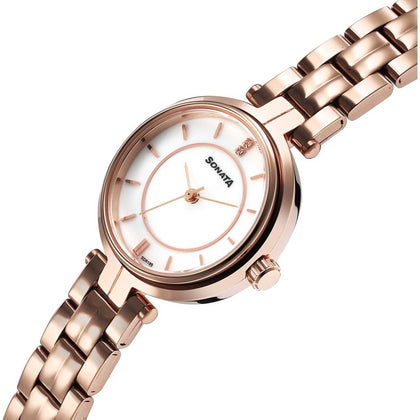 Sonata Fashion Off-White Dial Rose Gold Metal Strap Analog Watch for Women