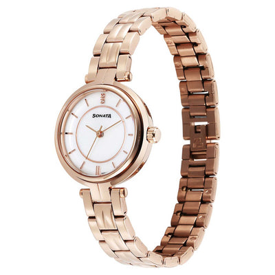Sonata Fashion Off-White Dial Rose Gold Metal Strap Analog Watch for Women