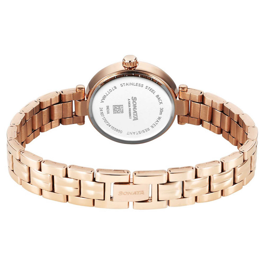 Sonata Fashion Off-White Dial Rose Gold Metal Strap Analog Watch for Women