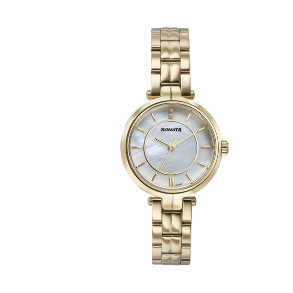 Sonata Fashion Off-White Dial Golden Metal Strap Analog Watch for Women