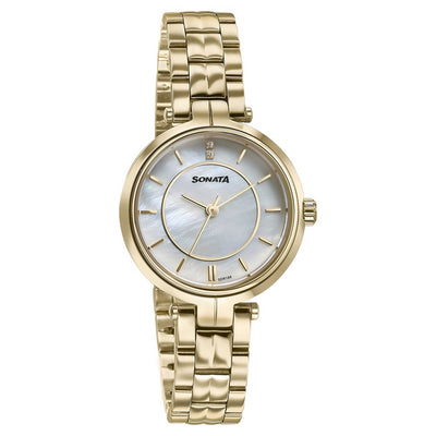 Sonata Fashion Off-White Dial Golden Metal Strap Analog Watch for Women