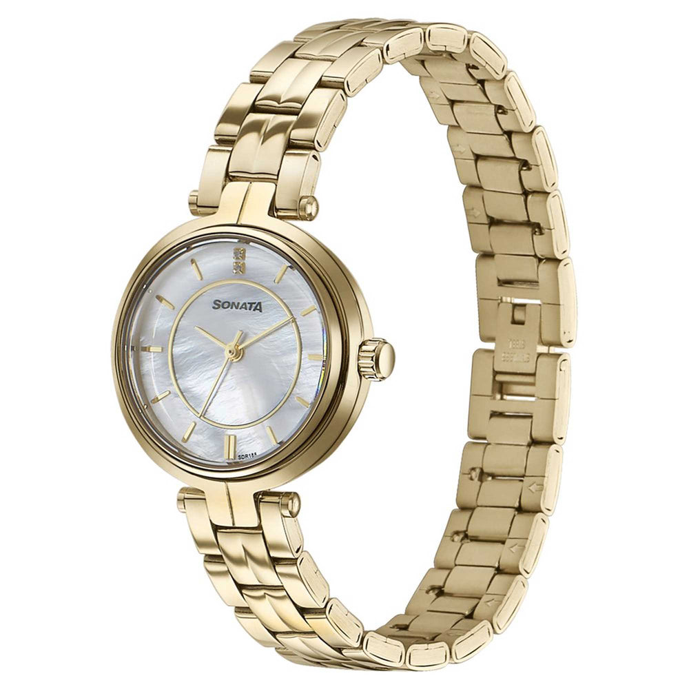 Sonata Fashion Off-White Dial Golden Metal Strap Analog Watch for Women