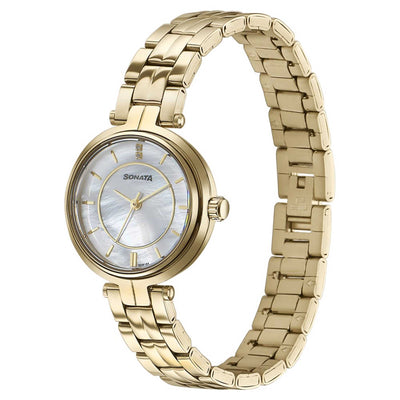 Sonata Fashion Off-White Dial Golden Metal Strap Analog Watch for Women