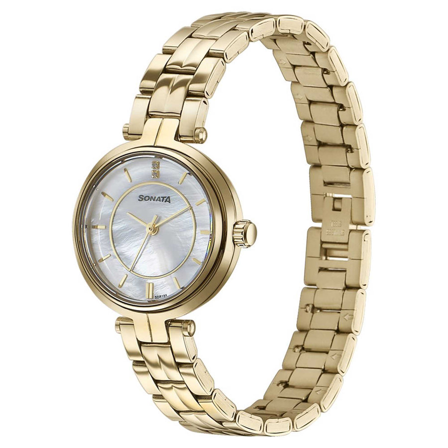Sonata Fashion Off-White Dial Golden Metal Strap Analog Watch for Women