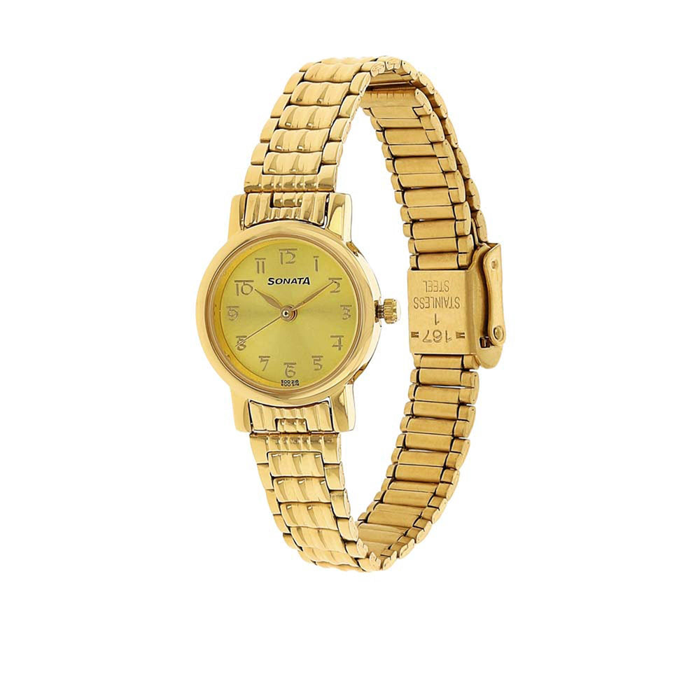 Sonata Quartz Analog Champagne Dial Stainless Steel Strap Watch for Women