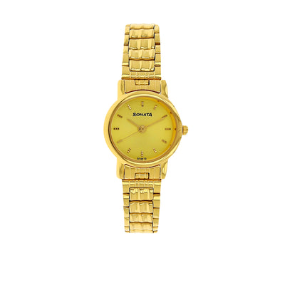 Sonata Quartz Analog Champagne Dial Gold Stainless Steel Strap Watch for Women