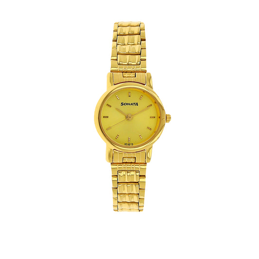 Sonata Quartz Analog Champagne Dial Gold Stainless Steel Strap Watch for Women