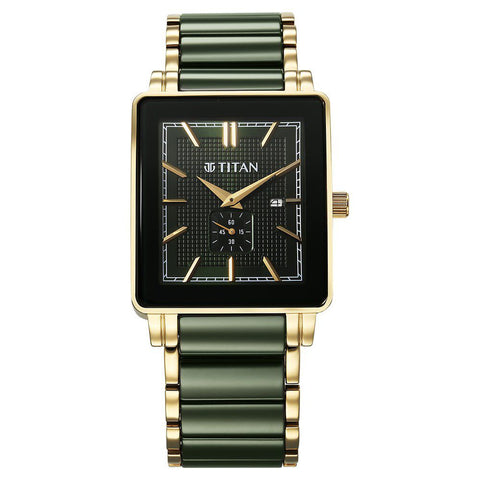 Titan Regalia Shaped Ceramic Quartz Analog with Date Green Dial Steel & Ceramic Strap Watch For Men