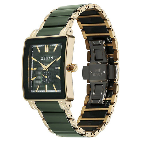 Titan Regalia Shaped Ceramic Quartz Analog with Date Green Dial Steel & Ceramic Strap Watch For Men