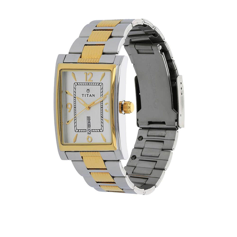 Titan Quartz Analog with Day and Date Silver Dial Stainless Steel Strap Watch for Men