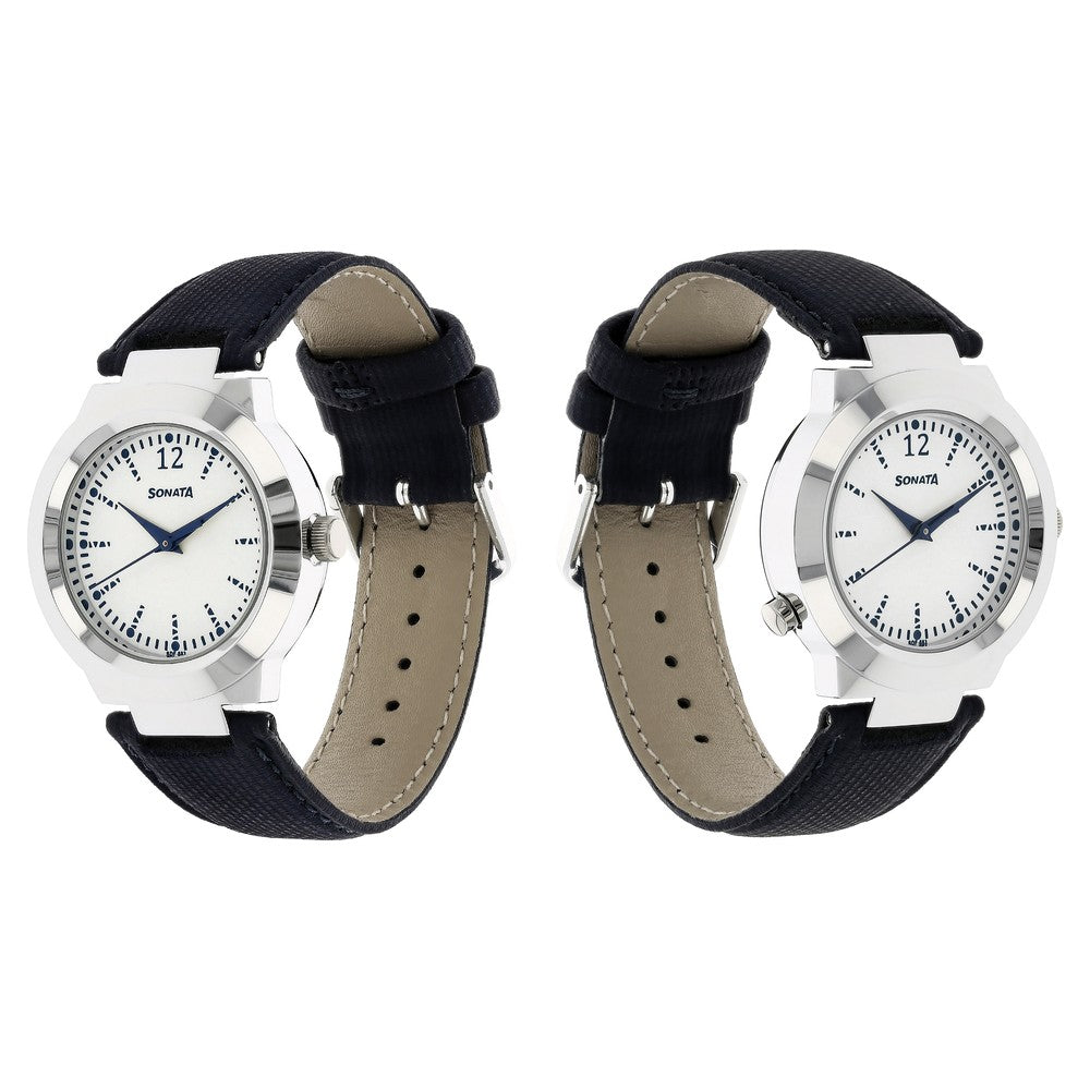 Sonata Act Safety Watch White Dial Women Watch With Leather Strap
