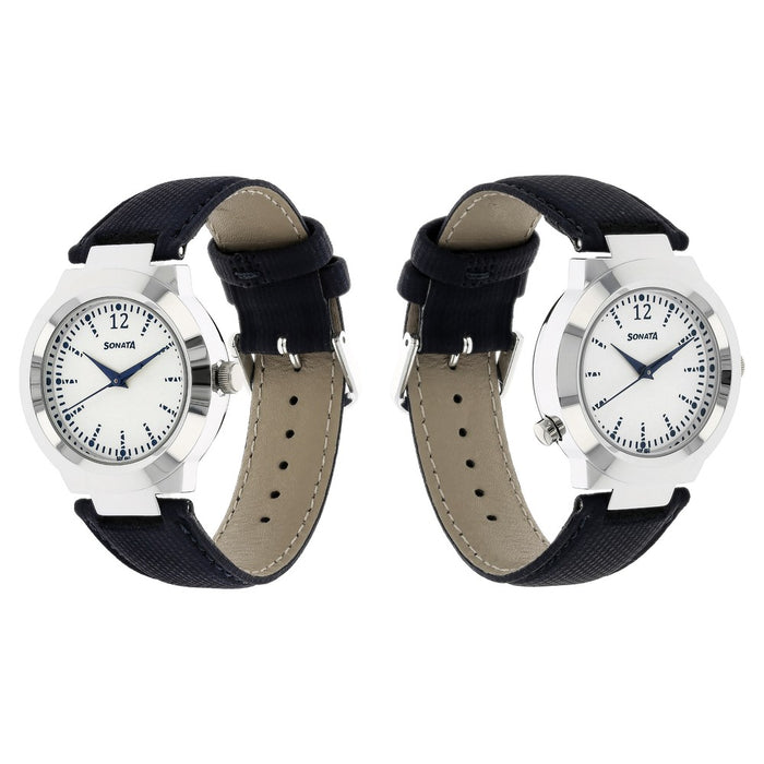 Sonata Act Safety Watch White Dial Women Watch With Leather Strap